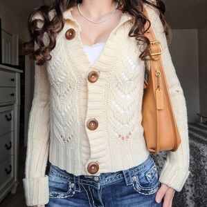 Vintage Hollister 100% Wool Fisherman Cable Sweater Cardigan Size Medium